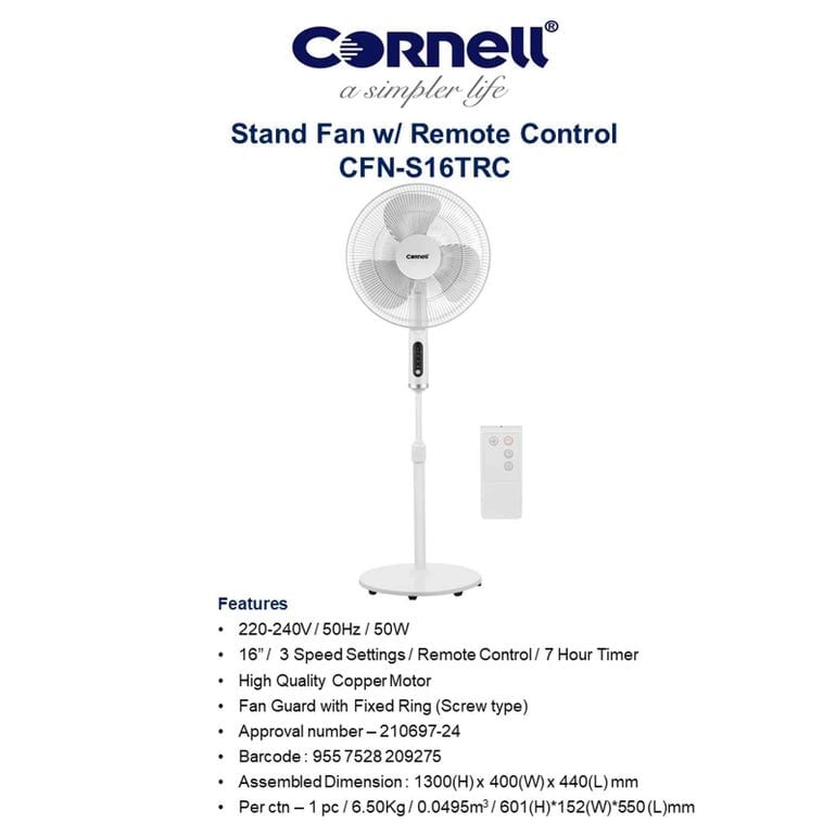 16 Inch Cornell Stand Fan with Remote Control CFNS16TRC - Powerful Cooling for Home, Office, and Outdoor Use