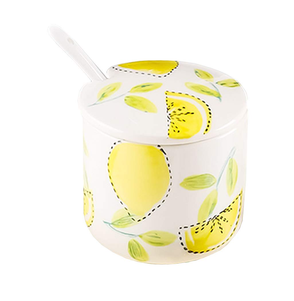 Ceramic Sugar Bowl with Lid and Spoon - Handcrafted Fruit Print Spice Jar for Kitchen Storage - Perfect for Tea, Coffee, Baking & Pantry Organization