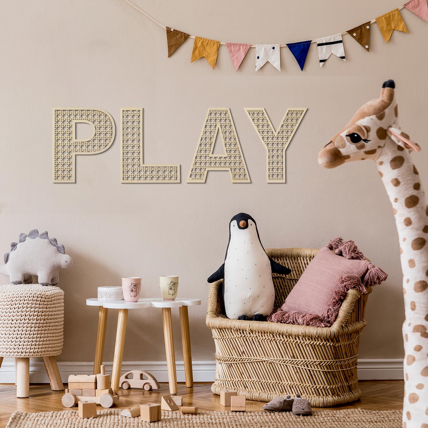 12 Inch Large Rattan Play Sign for Playroom Wall Decor - Boho Nursery Wooden Letters for Toddler Girls & Boys Bedroom - Perfect for Kids Room, Nursery, and Play Area Decorations