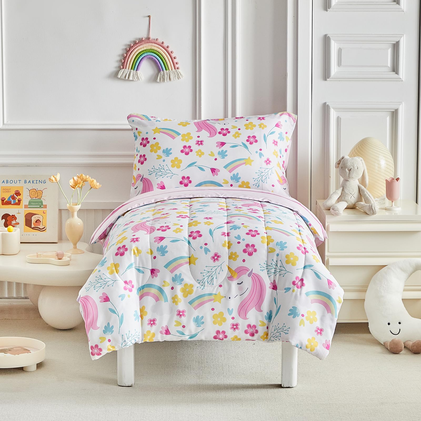 **Unicorn Toddler Bedding Set for Girls - 4PC Light Pink Floral Rainbow Princess Bed Set with Soft Blue Yellow Sheets & Pillow Shams | Cute Nursery Decor for Toddler Beds & Kids Rooms**