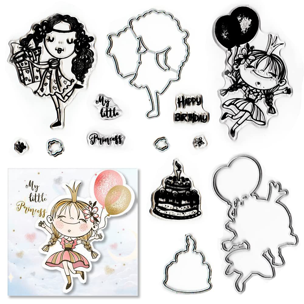 Girls Stamps and Dies Set for Card Making - Birthday Words Clear Stamps, Butterfly Cutting Dies, Princess Dies, Cat Stamps for DIY Scrapbooking, Transparent Album Decor, Paper Craft Supplies | Perfect for Greeting Cards, Invitations, and Memory Books