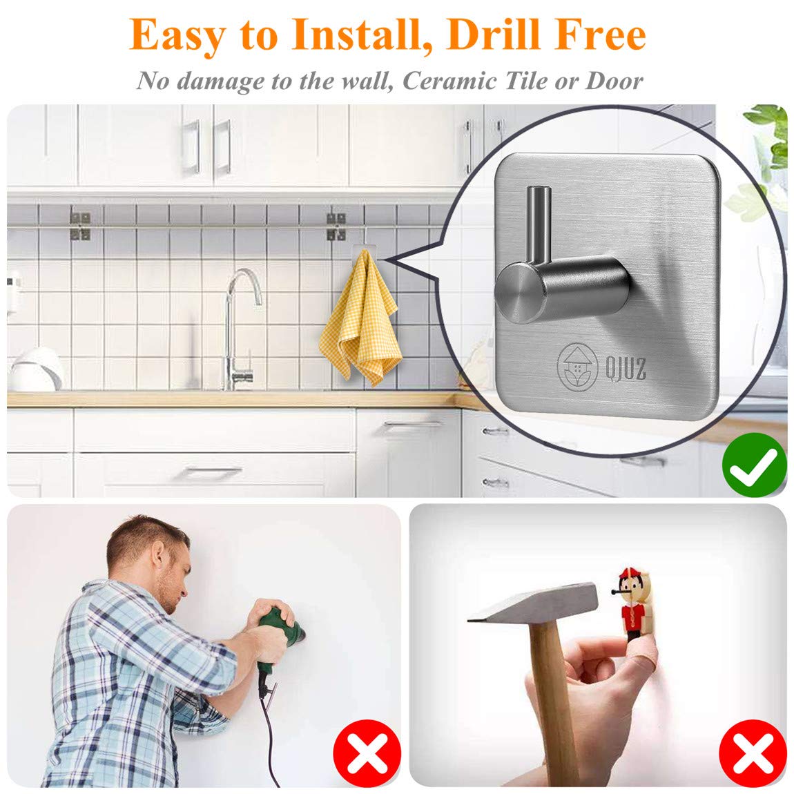 QJUZ Heavy Duty Adhesive Hooks - 4 Pack Stainless Steel Wall Hooks for Bathroom, Shower, Kitchen & Office - Perfect for Hanging Towels, Robes, Clothes, Bags, Keys & Kitchen Utensils - Strong & Rustproof SUS304 Steel for Home Organization & Space Saving
