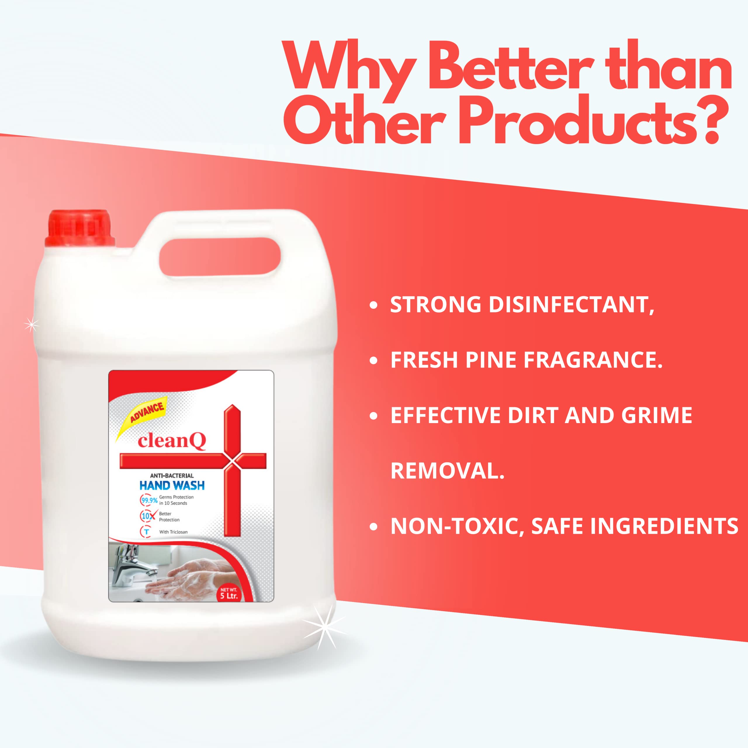 CleanQ Advanced Antibacterial Hand Wash - 5L Moisturizing Formula, Gentle on Skin, Kills Germs in 10 Seconds | 10X Better Germ Protection | Ideal for Homes, Hospitals & Public Spaces