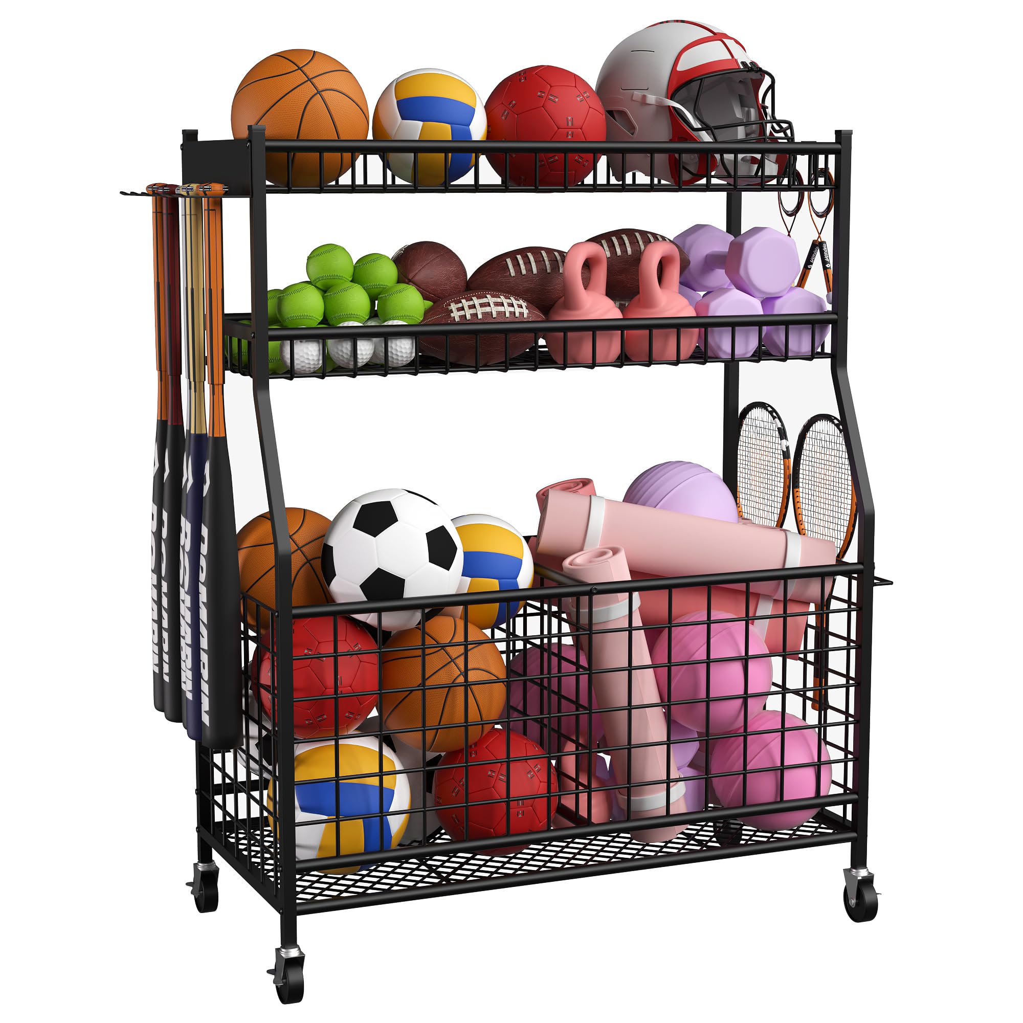 Sports Equipment Organizer - Heavy Duty Garage Storage Rack for Balls & Gear | Black Space-Saving Cart | Perfect for Basketball, Soccer & Baseball Organization