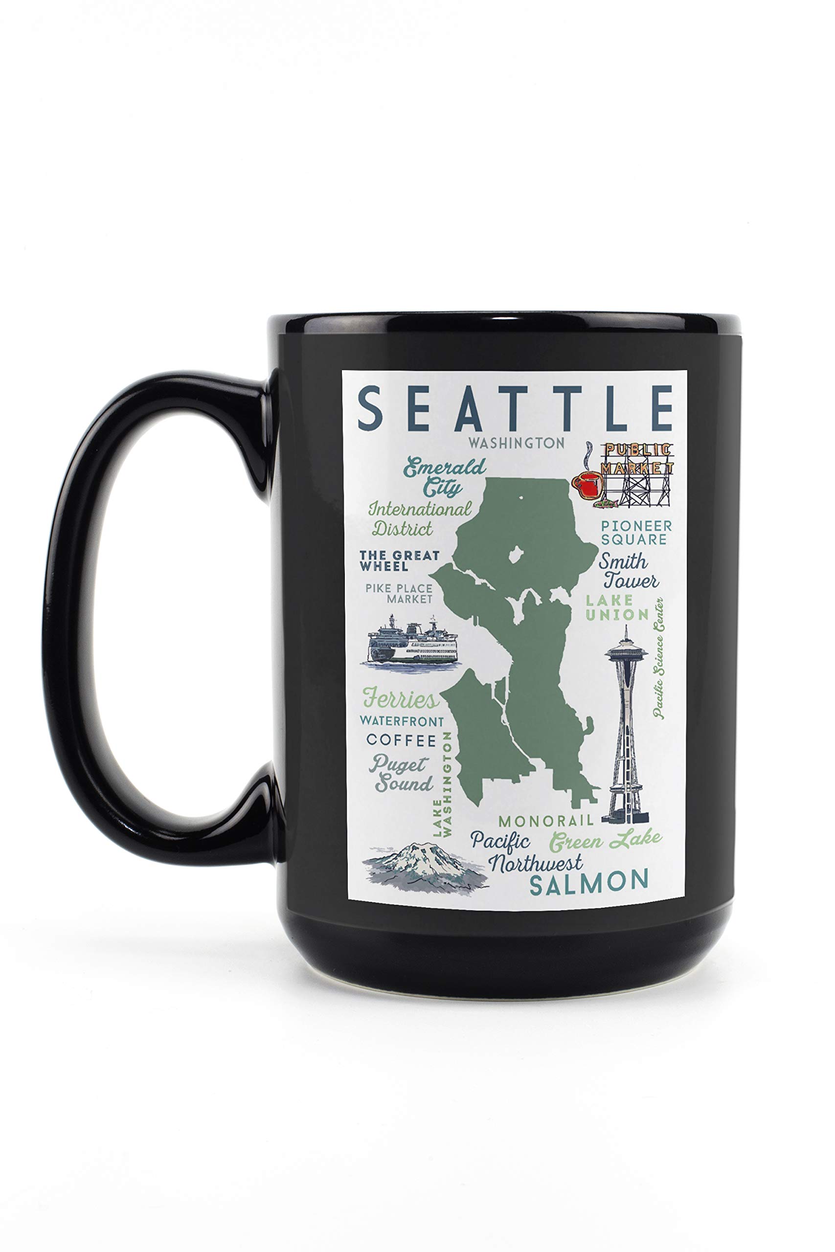15oz Black Ceramic Coffee Mug - Seattle Washington Typography & Icons Design - Dishwasher & Microwave Safe - Perfect for Home, Office & Gift Giving