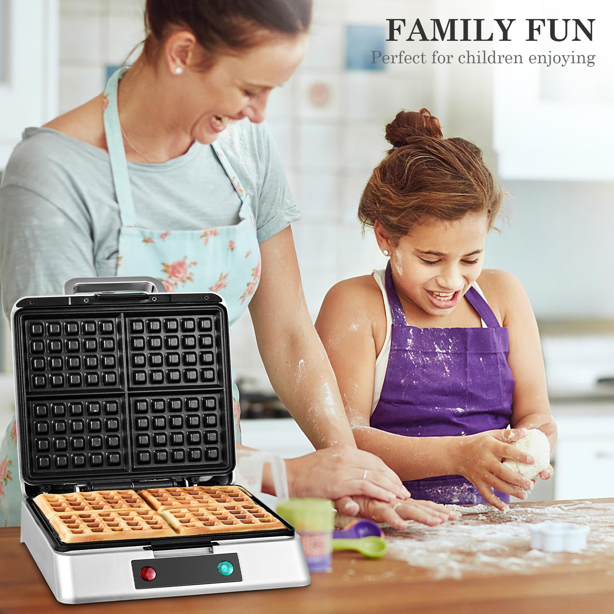 Roter Mond Belgian Waffle Maker - 4 Slice Stainless Steel Waffle Iron with Non-Stick Surface, 1300W, Silver | Perfect for Family Breakfast, Easy to Clean & Space-Saving Storage | Ideal for Home, Brunch Parties & Holiday Gatherings