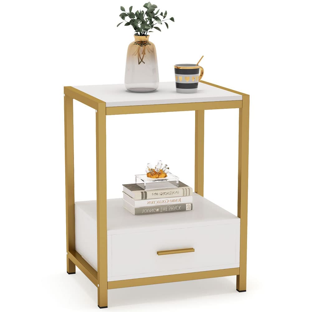 Tribesigns 25 Inch Modern Gold Nightstand with 2 Drawers & Open Shelf - Bedside Table for Bedroom, Living Room, Office - Compact Storage End Table (1 Piece, Gold & White) for Small Spaces & Apartment Decor