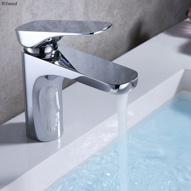 Fienza Luciana Short Basin Mixer Chrome 226103 - Modern Bathroom Faucet for Sink, Single Handle Waterfall Spout, Easy Installation - Perfect for Home, Hotel, and Commercial Use