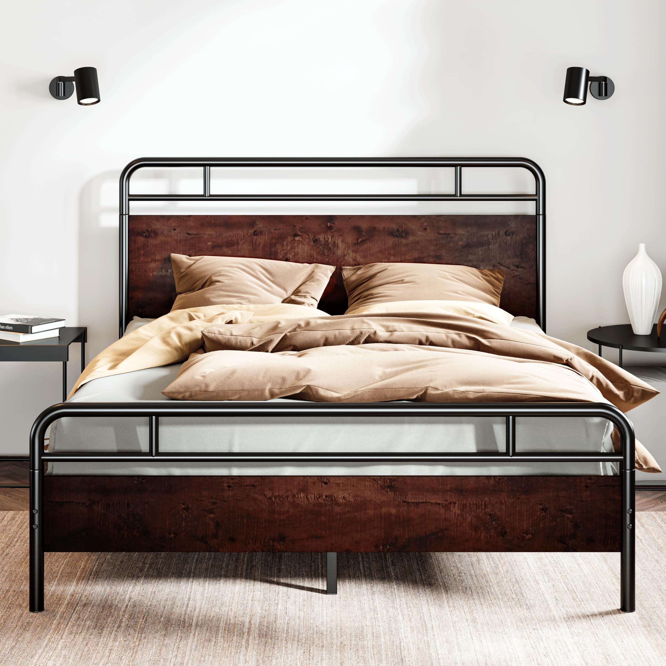 SHA CERLIN Queen Size Bed Frame with Wooden Headboard & Footboard - Sturdy Metal Frame with Rounded Corners, Heavy Duty Slats & Under-Bed Storage - No Box Spring Required - Mahogany Finish - Perfect for Master Bedrooms, Guest Rooms & Small Spaces