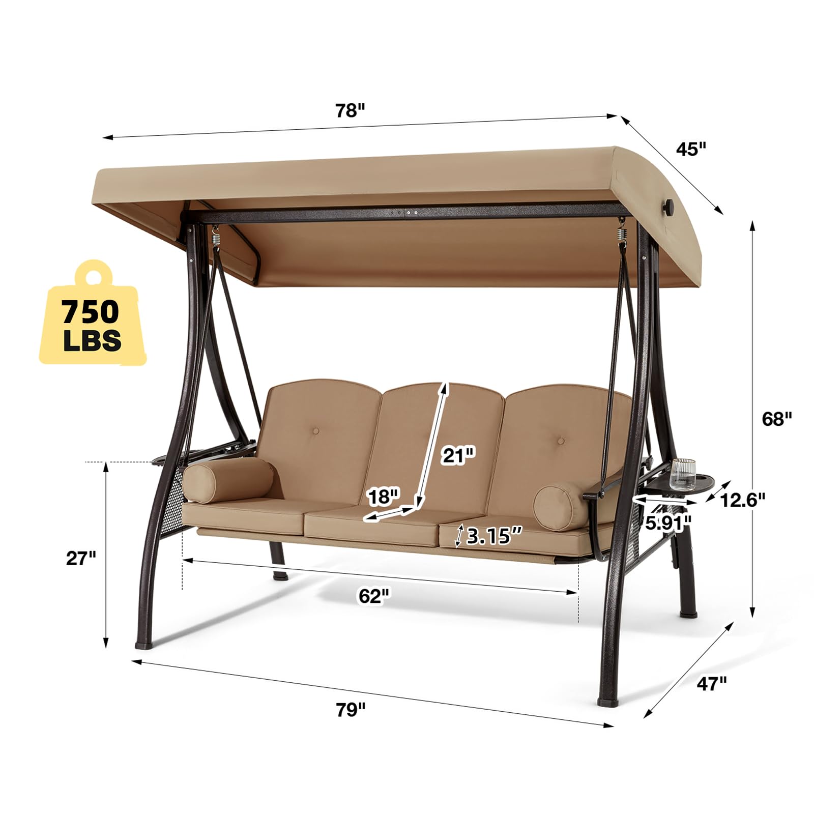 HOMREST 3-Person Outdoor Porch Swing with 1.5
