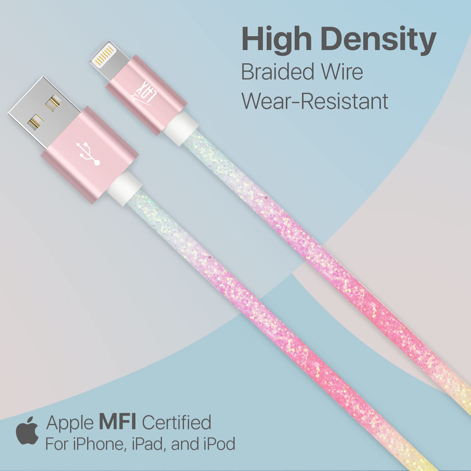 LAX Gadgets USB A to Lightning Cable - MFI Certified Fast Charging & Data Sync Cable for iPhone 14/13/12/11/X/8, iPad, iPod - 6ft Nylon Braided Durable Cable - Pastel Rainbow (GLMFI6PAS) | Perfect for Home, Office & Travel Charging