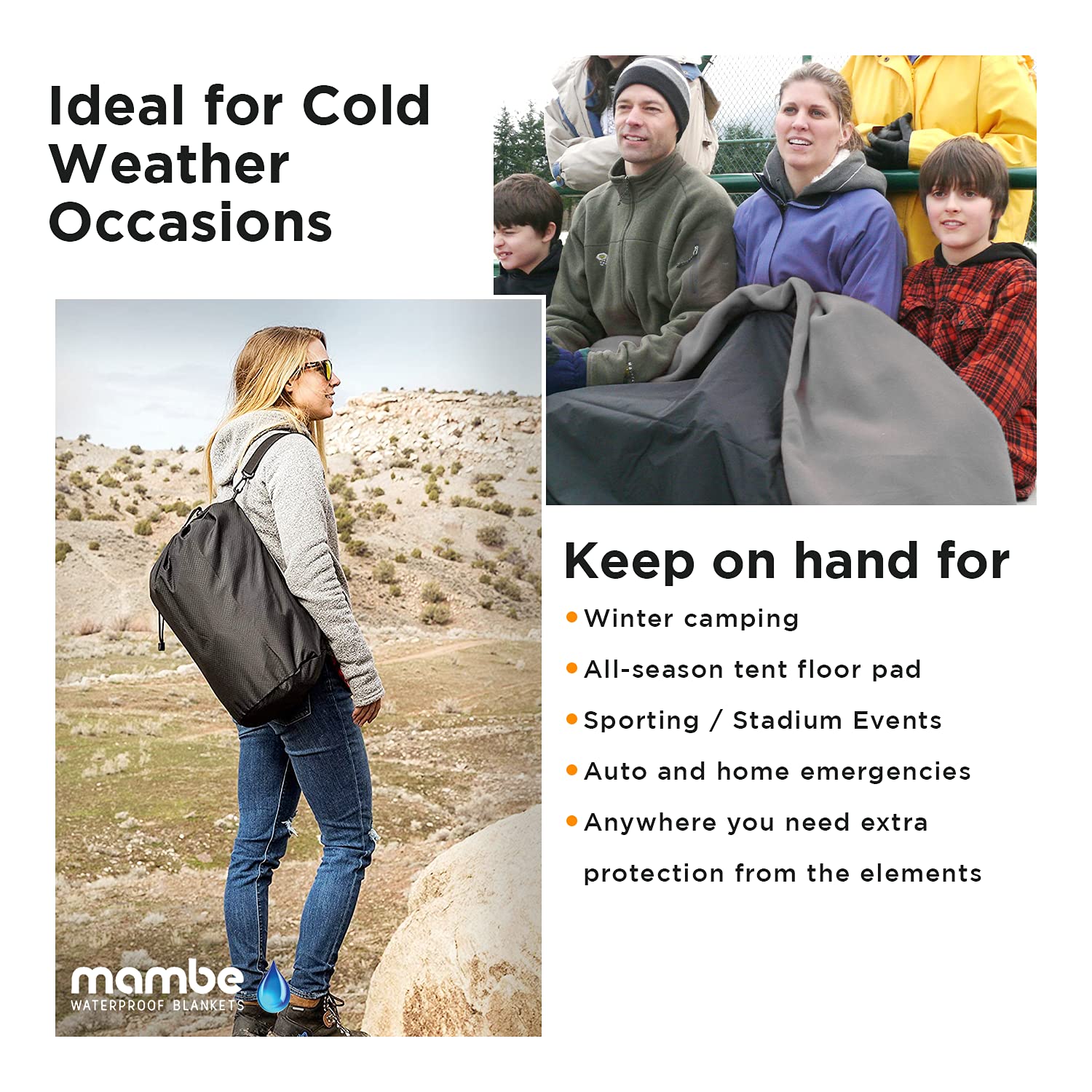 Mambe Super Extreme Weather Outdoor Blanket - 100% Waterproof Windproof Insulated Polartec Blanket for Cold Weather Camping, Winter Sports, Hiking & Emergency Survival Gear - Perfect for Outdoor Adventures and Extreme Conditions