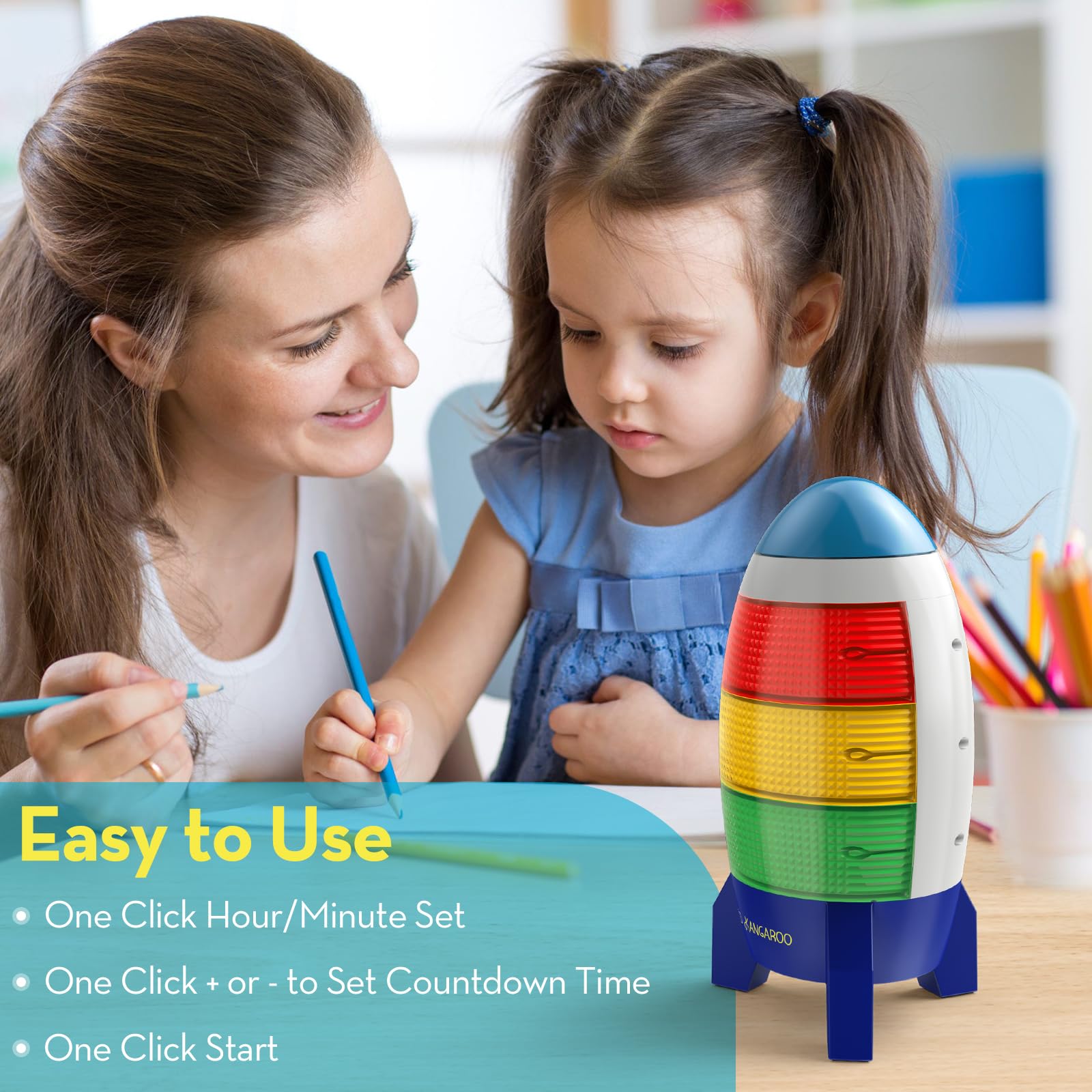 Blast Off Visual Timer for Kids - 0-24 Hour Countdown Clock with Audio Rocket, Memory Function & Color Lights (Red/Yellow/Green) | Battery Operated, Easy Setup | Perfect for Classroom, Homeschooling & Time Management Activities