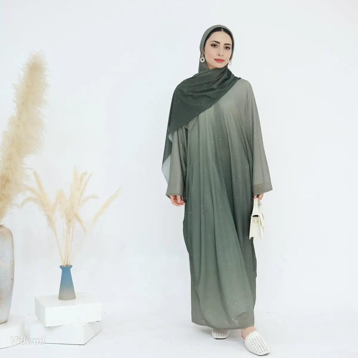 Sparkly Gradient Open Abaya Dress with Matching Glitter Hijab - Elegant Islamic Fashion for Parties, Weddings & Special Occasions