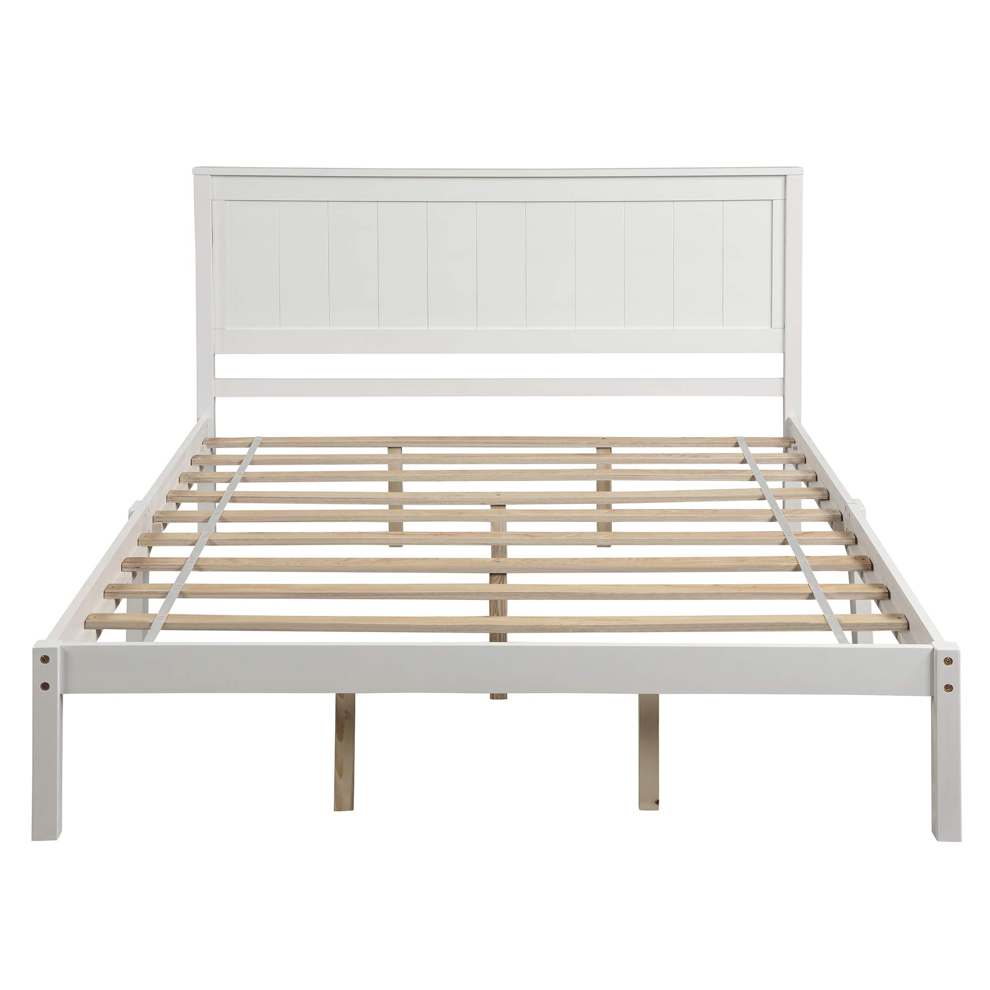 P PURLOVE Queen Size Bed Frame - Solid Wood Platform Bed with Headboard, No Box Spring Needed, White Wooden Bed for Bedroom, Guest Room & Master Suite