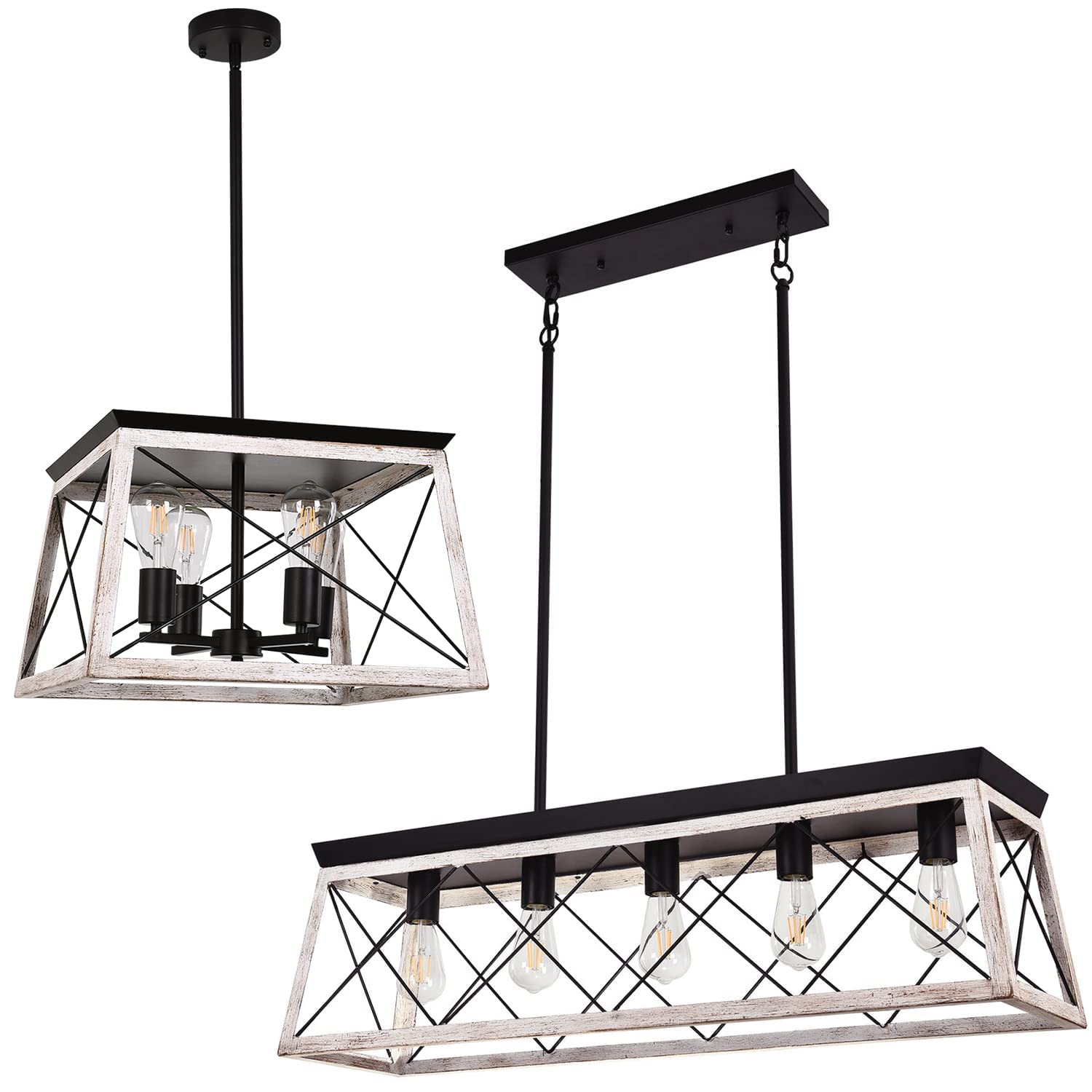 Luupyia 5-Lights Modern Linear Kitchen Island Lighting & 4-Lights Rustic Farmhouse Pendant Light Fixture Set - Perfect for Dining Room, Kitchen Island, Bar Counter and Breakfast Nook Lighting