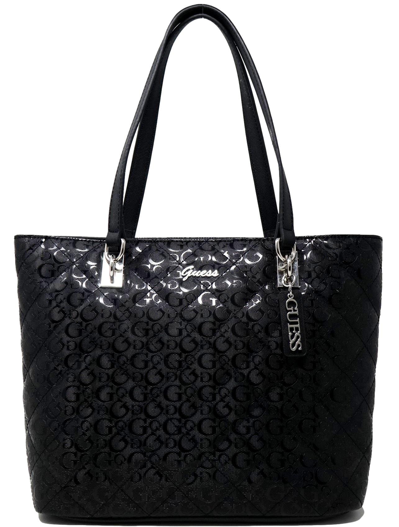 GUESS Women's Logo Debossed Medium Tote Bag with Wallet Set - Black Leather Handbag for Work, Travel & Everyday Use