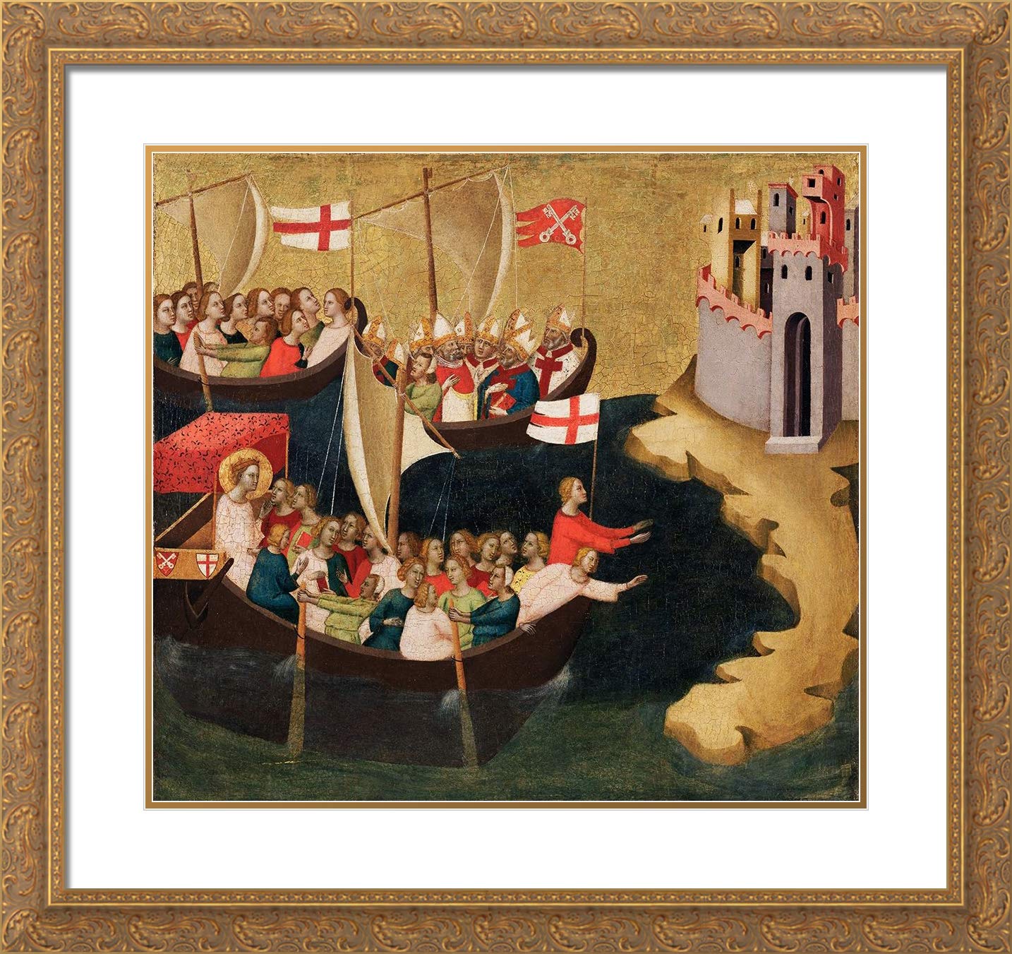 Bernardo Daddi 30x28 Large Gold Ornate Frame with Double Matted Museum Art Print - The Arrival of Saint Ursula at Cologne - Perfect for Living Room, Bedroom or Office Decor