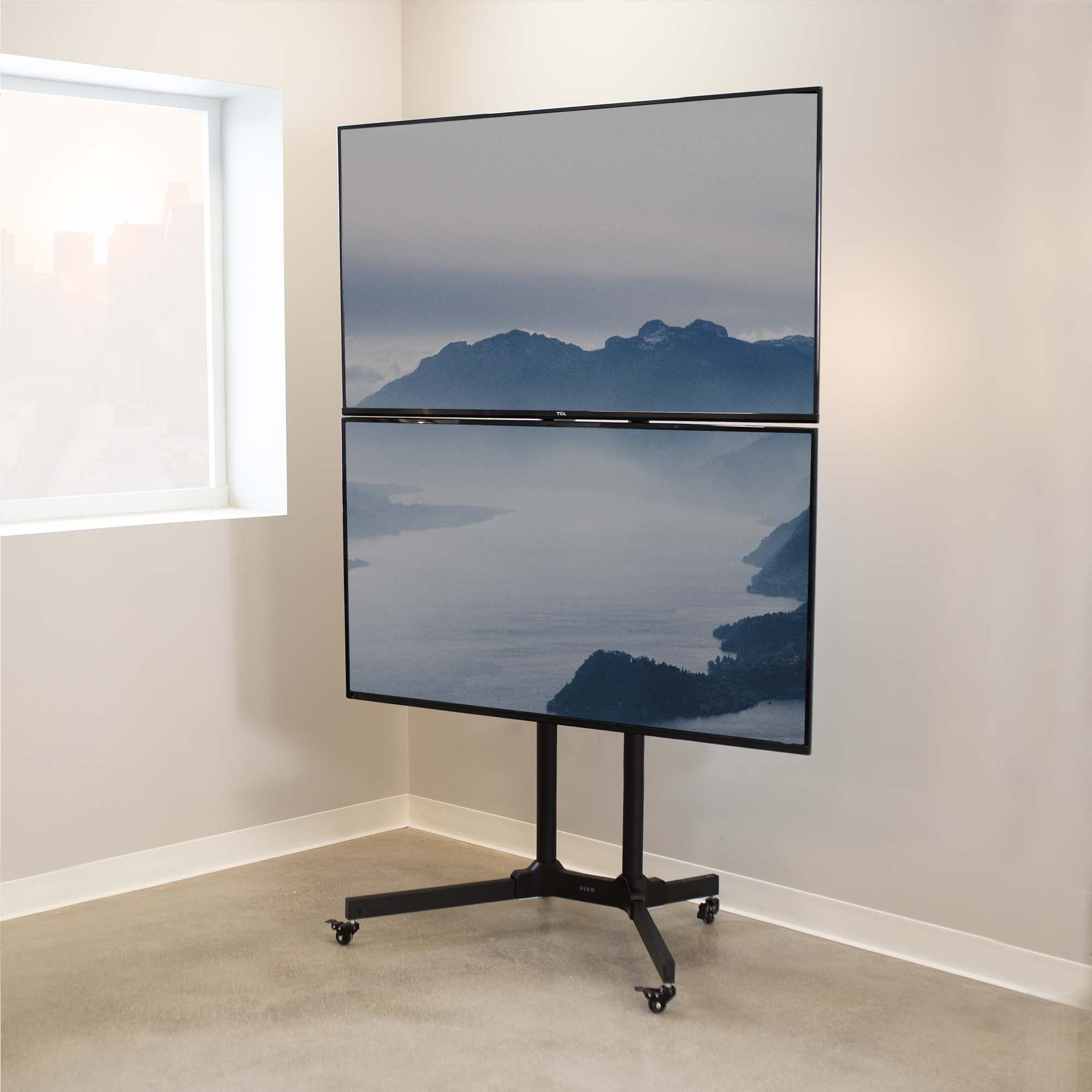 VIVO Dual TV Stand Cart for 32-65 Inch Screens - Holds 2 TVs up to 70 lbs Each - Compatible with LCD, LED, OLED, 4K Smart Flat & Curved TVs - Rolling Stand with Locking Wheels - Max VESA 600x400 - Black (STAND-TV03E2) - Perfect for Home Theater, Gaming Setup, and Commercial Displays