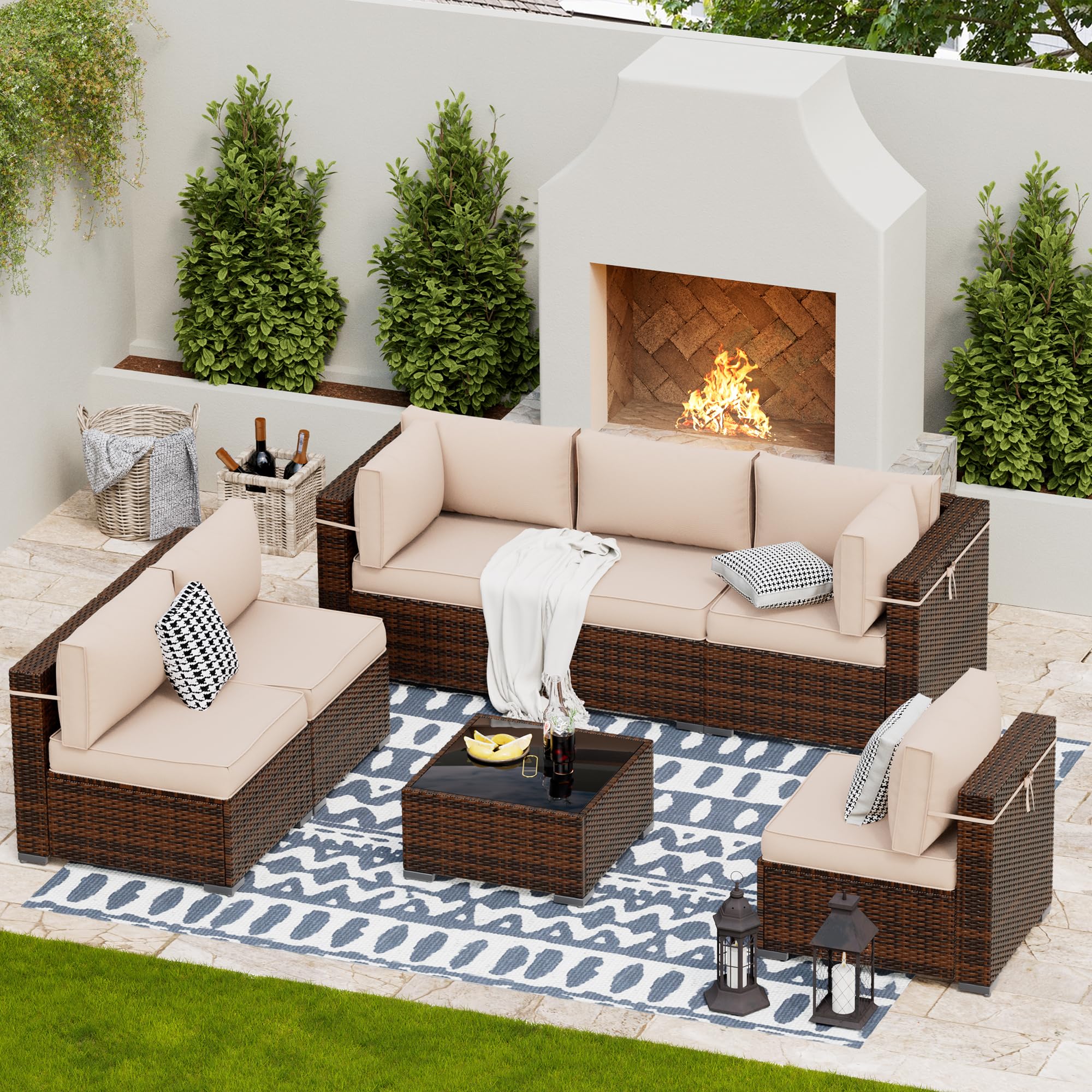 UDPATIO 7-Piece Modular Rattan Outdoor Patio Sectional Sofa Set with Side Table - Brown/Khaki Wicker Furniture for Backyard, Deck & Garden (Includes Sofa Cover) | Perfect for Outdoor Entertaining, Lounging & Relaxation