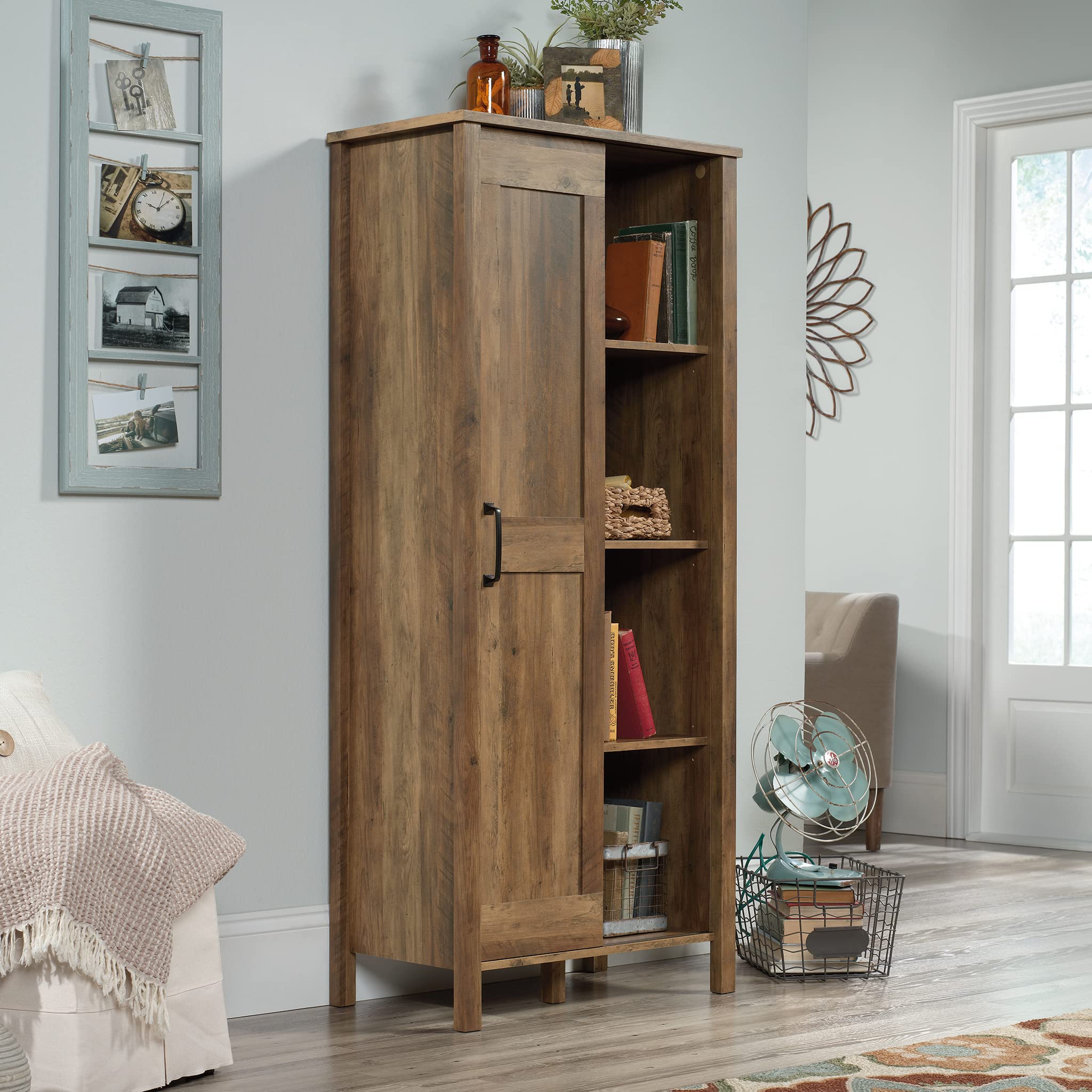 Sauder Sliding Door Storage Cabinet - Rustic Pine Finish Pantry Organizer for Kitchen, Bathroom, or Home Office | Durable & Stylish Storage Solution