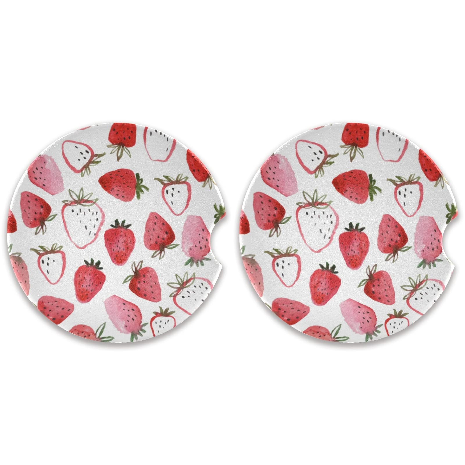 2 Pack Absorbent Ceramic Car Coasters with Watercolor Strawberries Design, 2.5 Inch Non-Slip Cup Holder Coasters for Drinks, Perfect for Cars, Trucks, and RVs