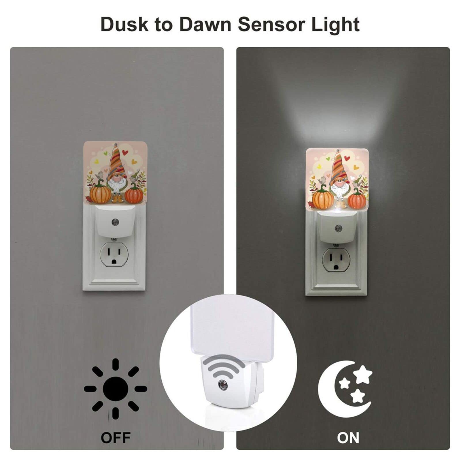 2-Piece Fall Cartoon Gnome Pumpkin LED Night Light with Auto Dusk-to-Dawn Sensor - Plug-in LED Home Decor Bedside Lamp for Kids & Adults - Perfect for Nursery, Bedroom, Halloween Decor, and Cozy Autumn Ambiance