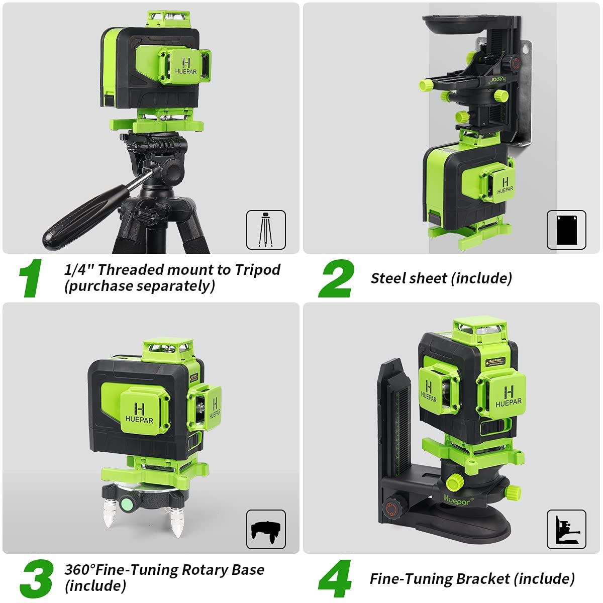 Huepar 904DG 4D Self-Leveling Laser Level with Remote Control - 16 Green Beam Lines, 4x360° Coverage, Magnetic Bracket & Li-ion Battery - Perfect for Floor Tiling, Wall Alignment, and Construction Layouts