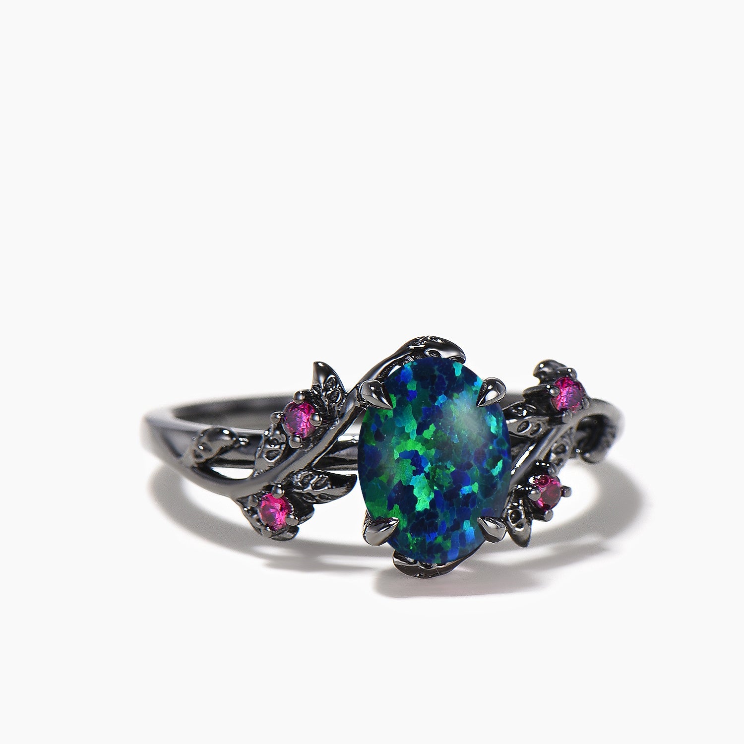 Oval Cut Black Opal Engagement Ring with Ruby Leaves in Black Gold - Nature Inspired Wedding Band for Women, Perfect for Proposals, Anniversaries & Romantic Occasions
