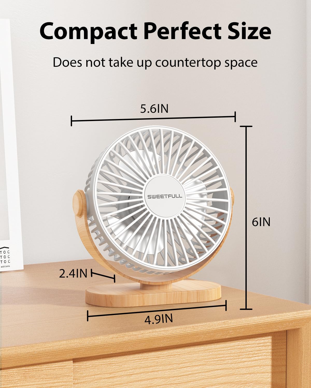 SWEETFULL USB Desk Fan - 3 Speed Portable Mini Fan with 360° Rotation, Quiet Personal Table Fan for Home, Office, Car & Travel (White Wood Grain) | Perfect for Work Desks, Bedrooms & Outdoor Activities