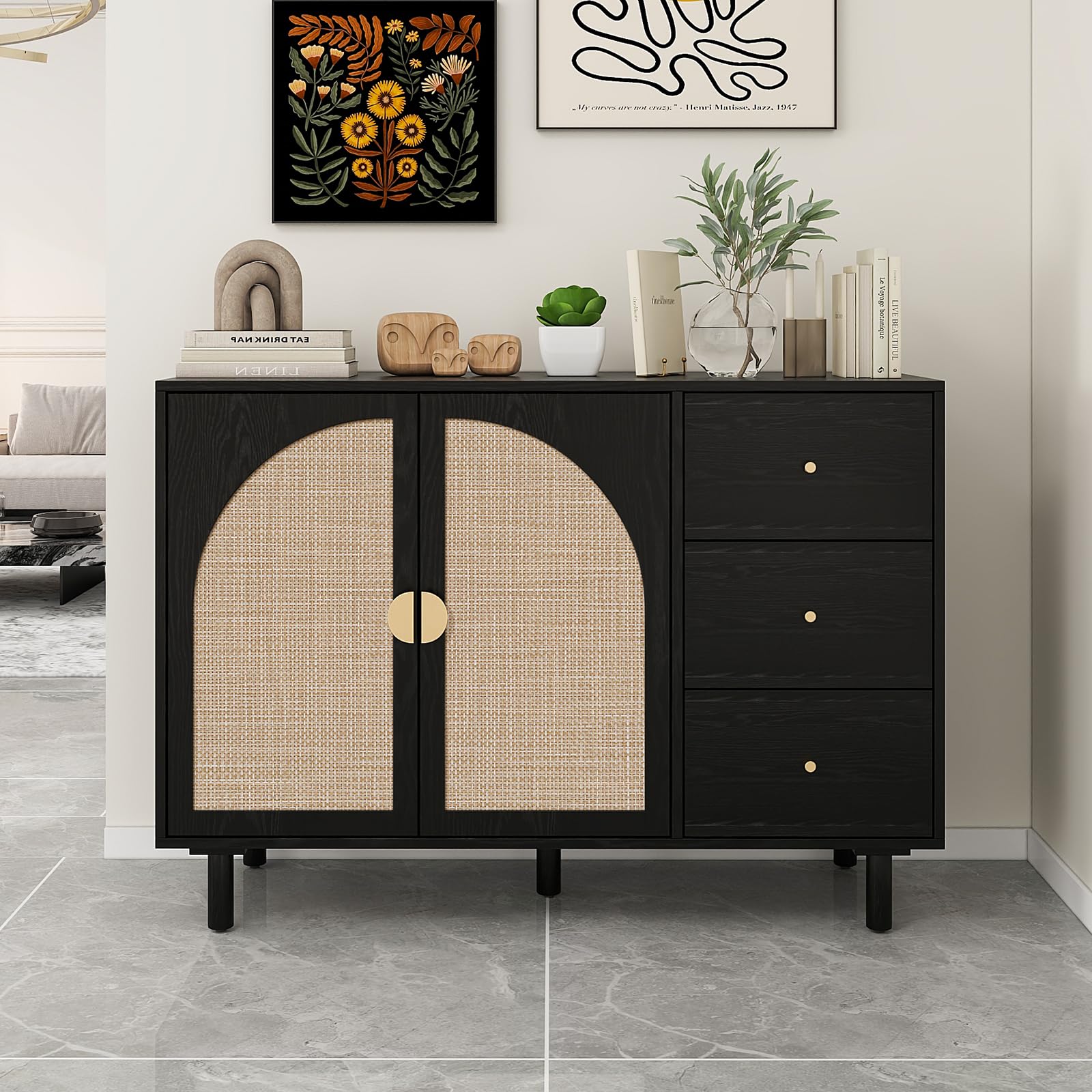 Modern Rattan Sideboard Buffet Cabinet with 2 Doors & 3 Drawers - Adjustable Shelves Storage Console for Living Room, Kitchen, Dining Room - Boho Chic Home Decor Accent Furniture (Black) | Perfect for Entertaining, Displaying Decor & Organizing Dishes