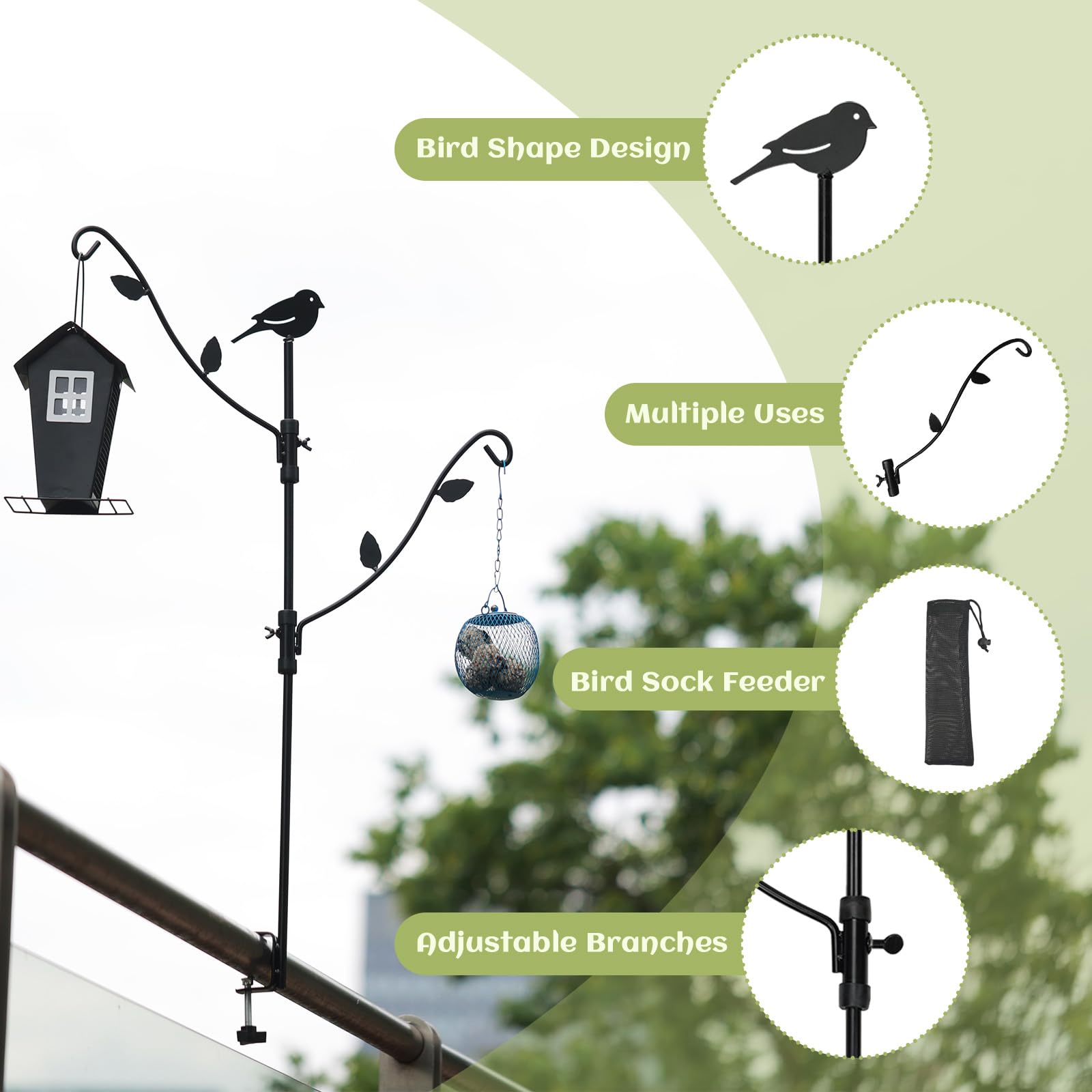 Deck Bird Feeder Pole with Multi-Hook & Adjustable Branches - Sturdy Outdoor Bird Feeding Station for Porch, Garden, or Patio - Attract Cardinals, Finches & More