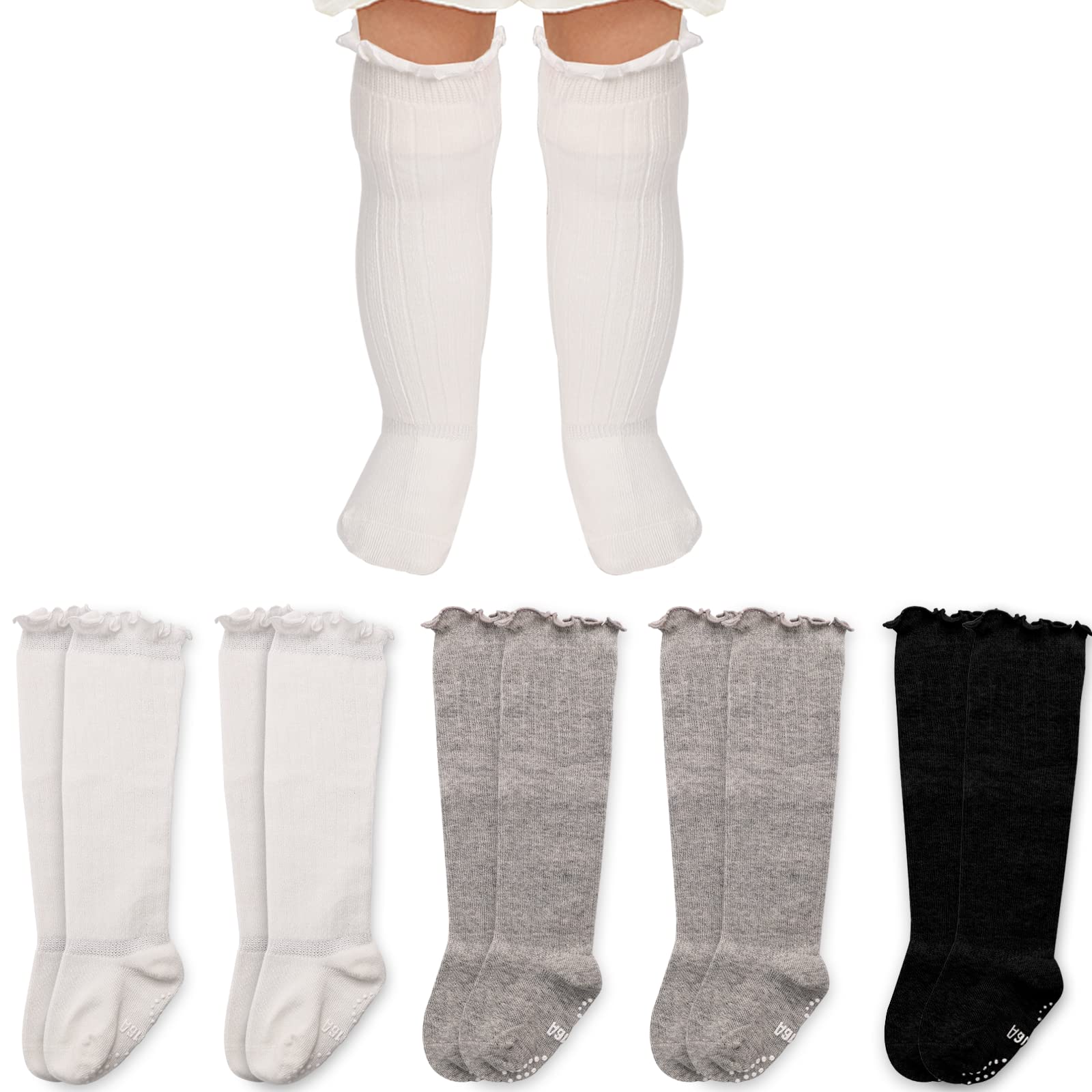 Aaronano 5 Pairs Baby Girls Knee High Socks - Cute Ruffled Tube Socks with Non-Slip Grip for Toddlers | Perfect for Playtime, School & Special Occasions