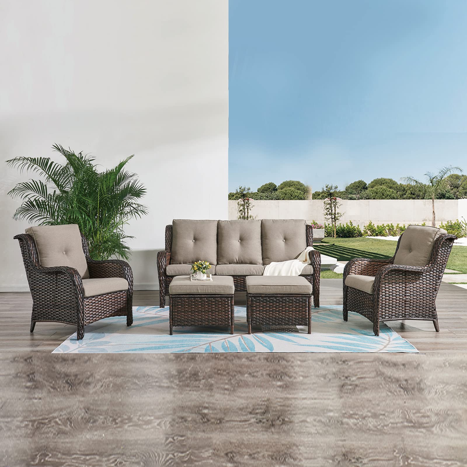 HUMMUH Outdoor Wicker Patio Chairs Set of 2 - PE Rattan Lounge Chairs with High Back & Curved Armrests, Includes 4