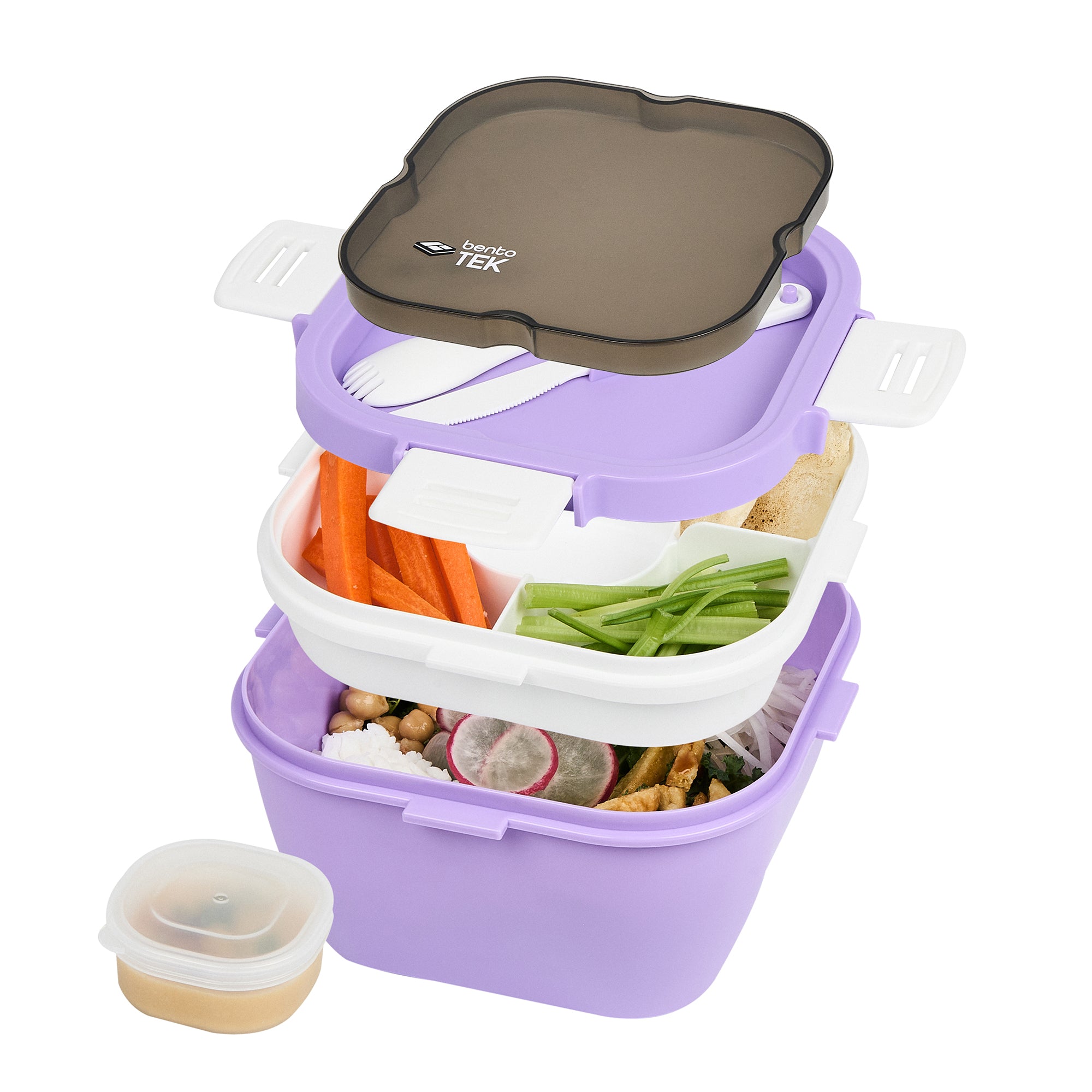 Bento Tek 58 oz Purple and White BPA Free Lunch Box with Fork & Knife - Microwave Safe, 7.25