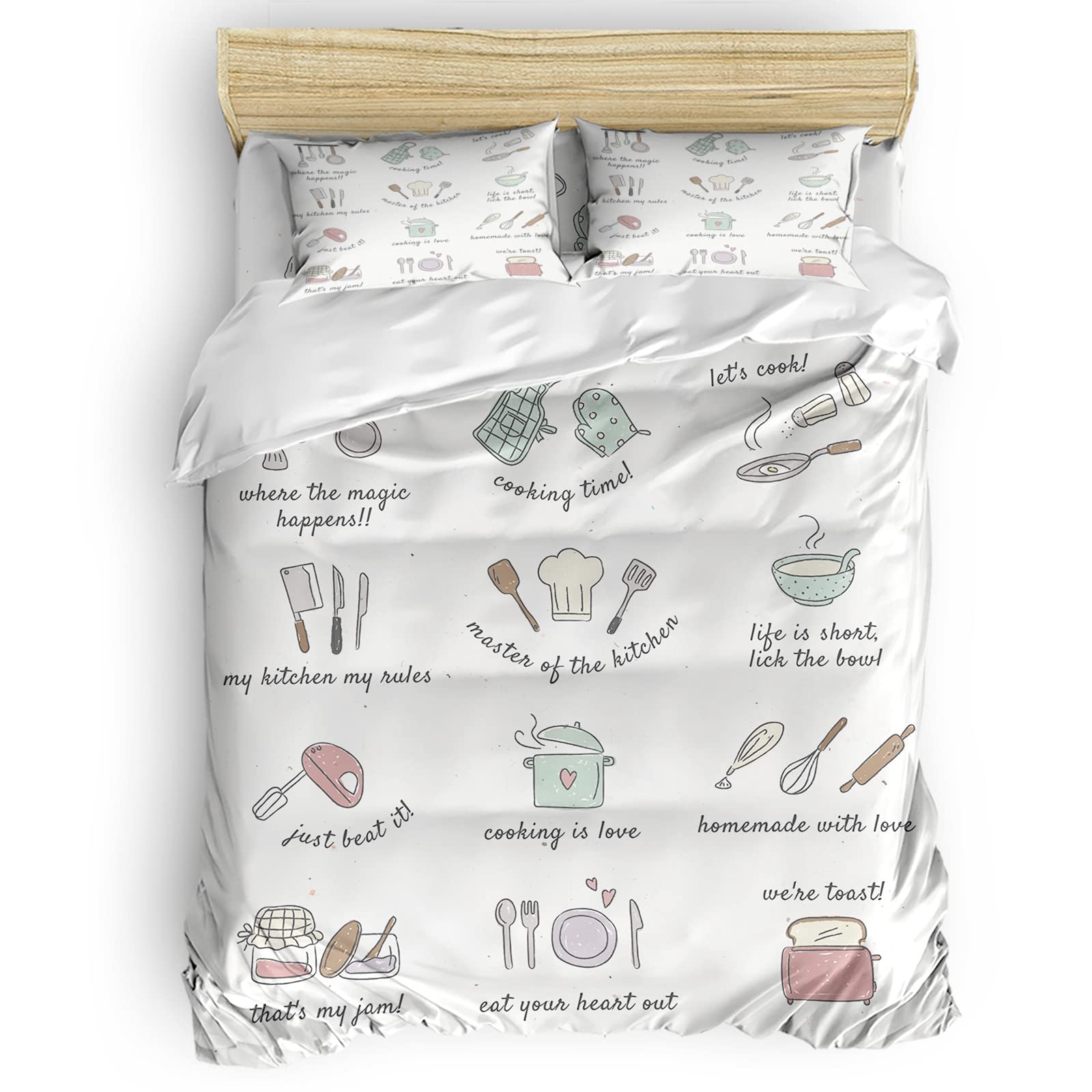 Cartoon Pots & Pans Duvet Cover Set - 4 Piece Watercolor Utensil Bedding Set with Comforter Cover, Fitted Sheet & Pillowcases - Full Size for Kids' Room & Playful Kitchen-Themed Decor