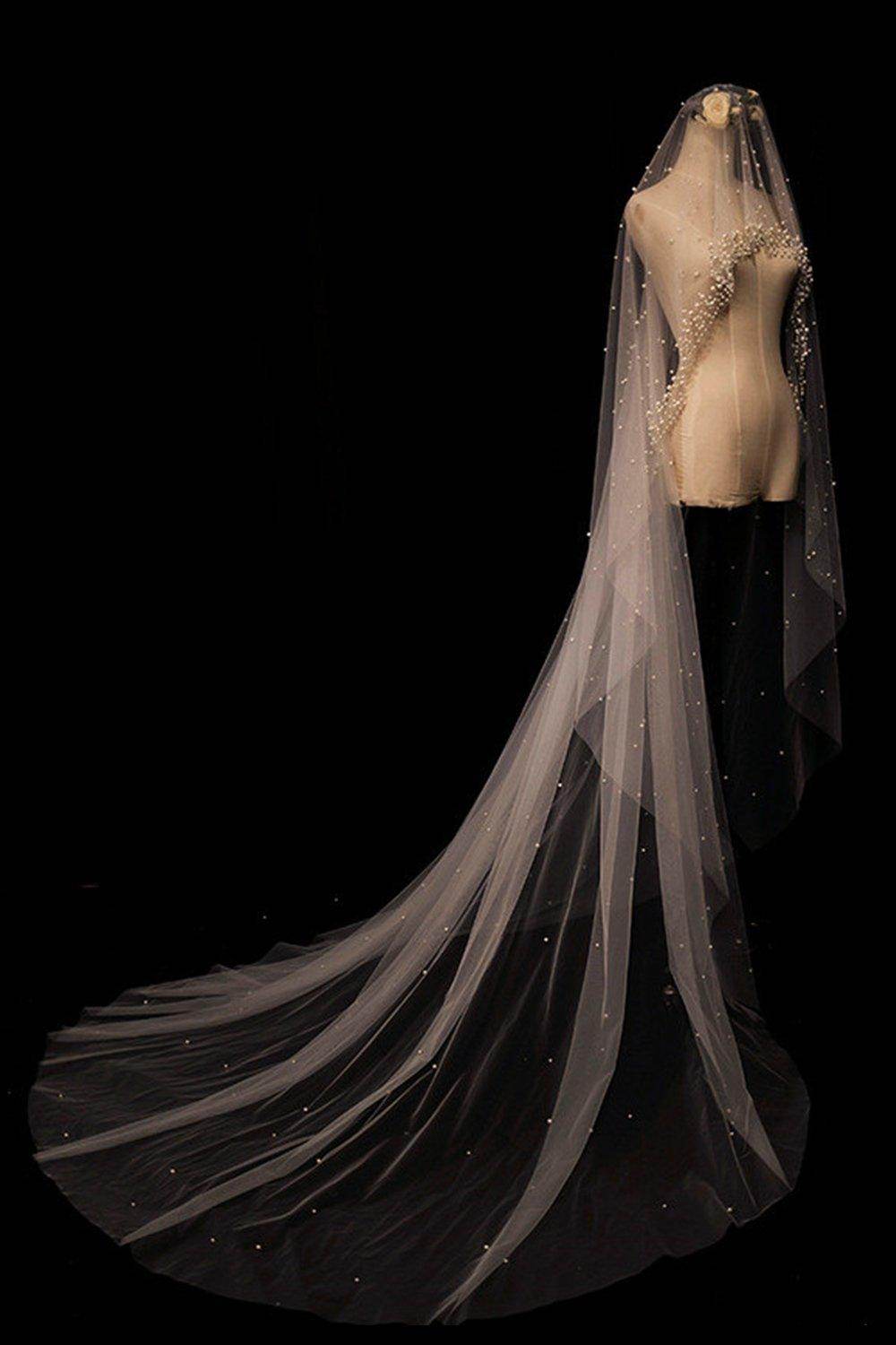 Elegant One-Tier Cut Edge Tulle Chapel Veil with Pearls CV0348 - Perfect for Weddings, Bridal Accessories & Special Occasions