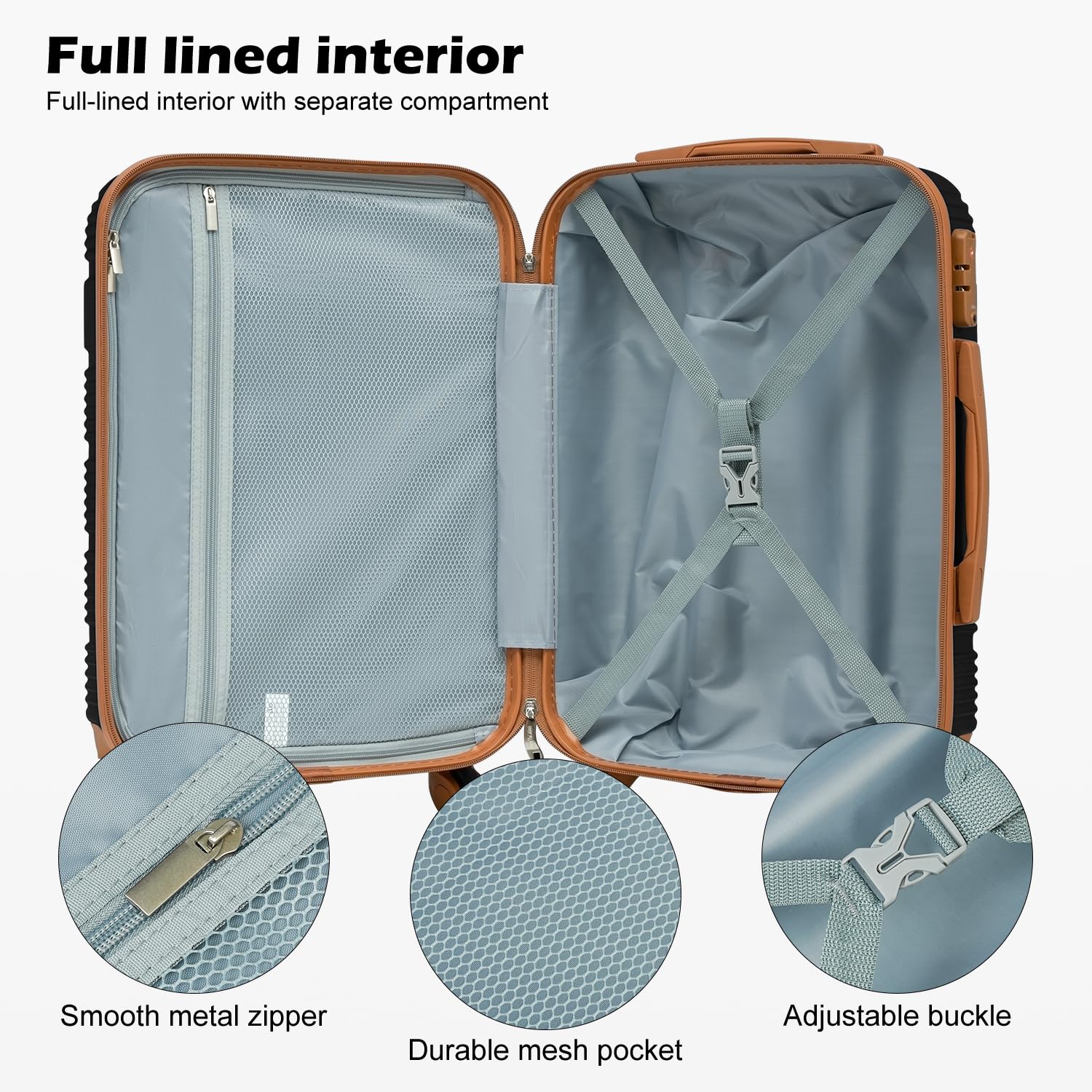 LONG VACATION 6-Piece Lightweight ABS Hardshell Luggage Set with TSA Lock & Spinner Wheels - Black-Brown Carry On Suitcase for Travel, Business Trips & Family Vacations