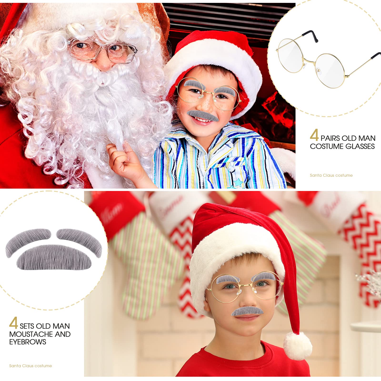 Waydress 8-Piece Old Man Costume Set for Kids - Includes 4 Mustache & Eyebrow Kits + 4 Pairs Round Vintage Glasses - Perfect for Halloween, Cosplay & Themed Parties