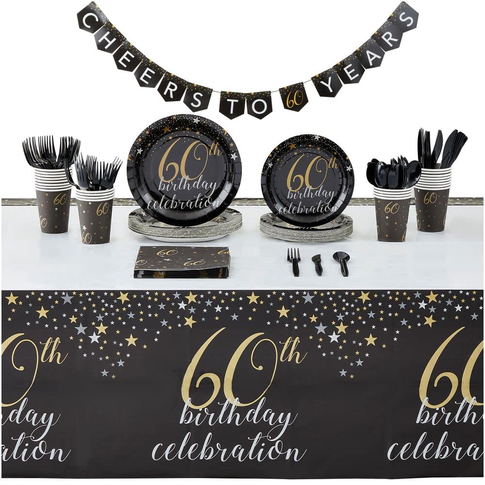 170-Piece Black & Gold 60th Birthday Party Supplies Set for Men & Women - Includes 2-Size Paper Plates, Banner, Tablecloth, Napkins, Cups & Cutlery (Serves 24) - Perfect for Milestone Celebrations, Retirement Parties & Anniversary Events