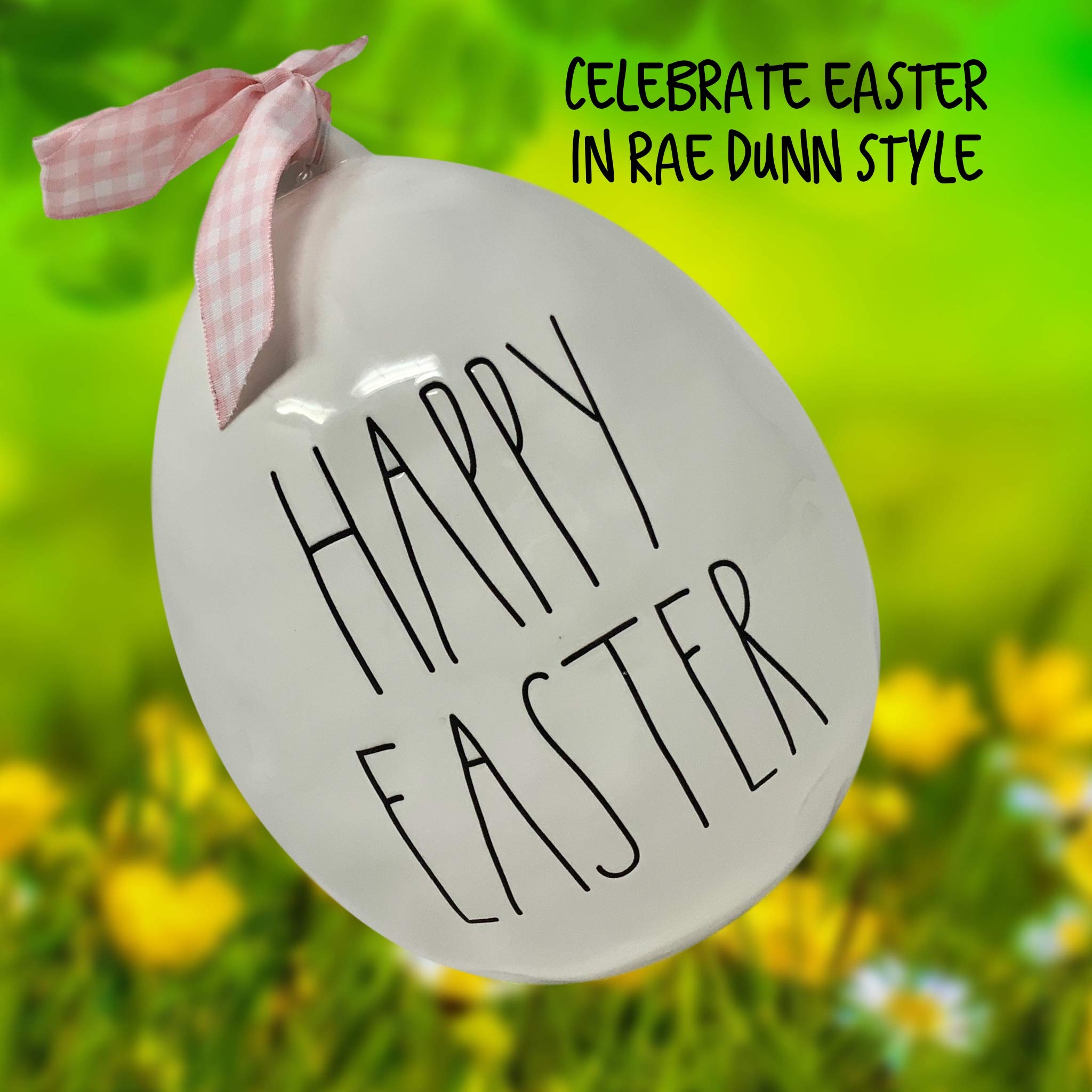 Rae Dunn Large White Easter Egg - Artisan Collection by Magenta - Happy Easter in Bold Black Lettering - Perfect for Easter Home Decor, Table Centerpieces, and Spring Holiday Celebrations (Ribbon Style May Vary)