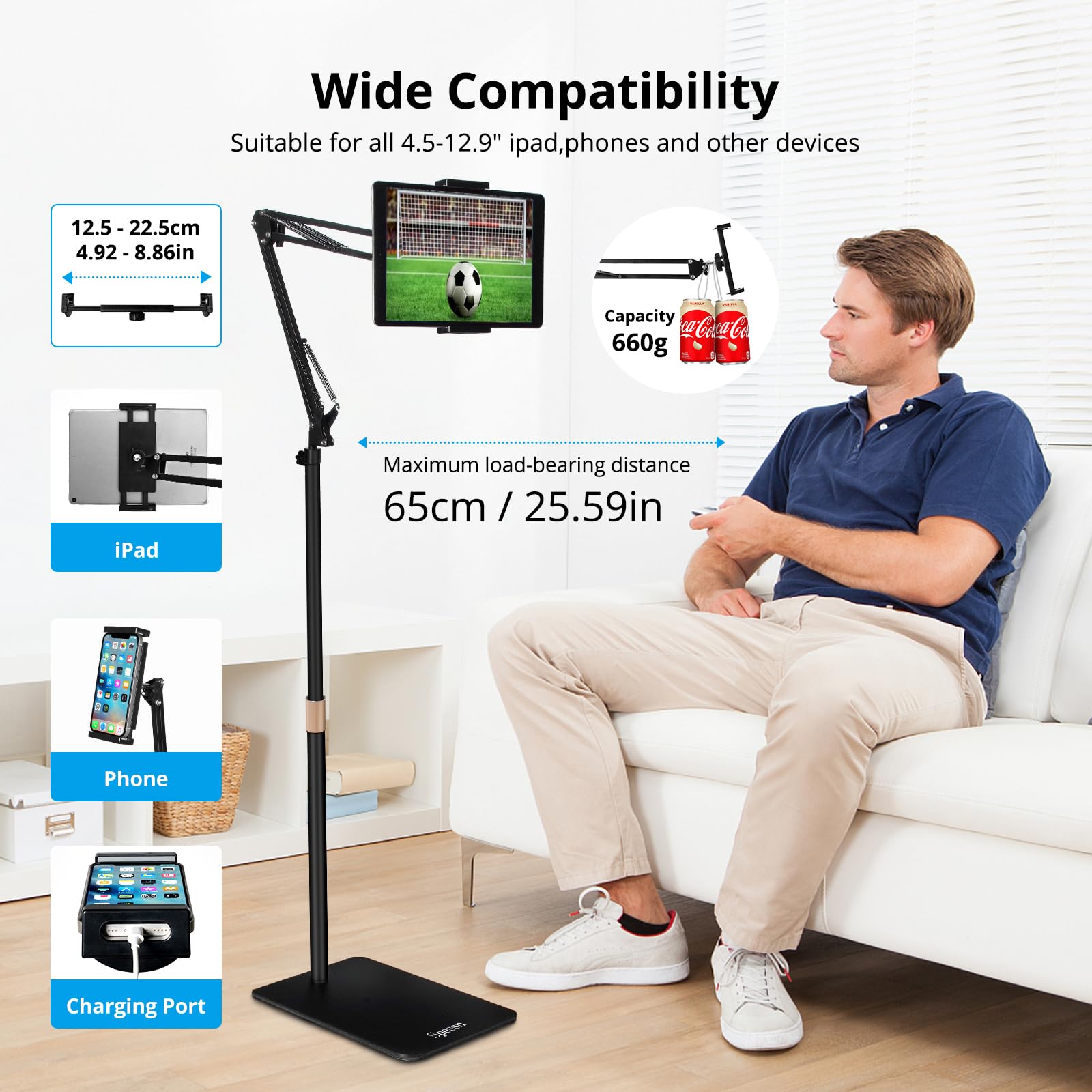 Adjustable Metal Tablet Floor Stand & Overhead Bed Phone Mount - Universal Holder for iPad, iPhone X, iPad Pro, Kindle (4.5-12.9