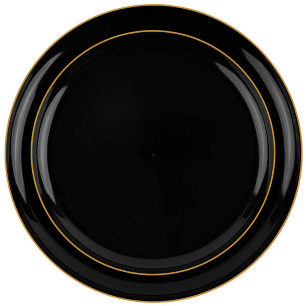 Premium Black & Gold Rim Round Plastic Dinner Plates - 10 Pack Set for Elegant Dining, Parties & Special Occasions