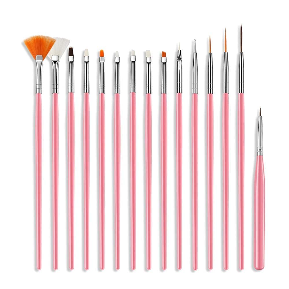 Premium 15-Piece Nail Art Brush Set for Acrylic, UV Gel & Poly Extension - Professional Dotting, Painting & Design Tools with Tips Builder - Perfect for Salon, DIY Manicures & Nail Art Decoration (Pink)