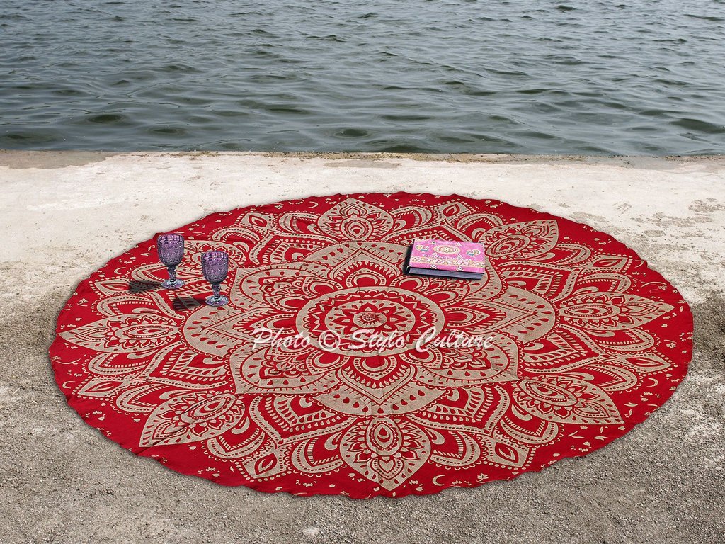 Indian Mandala Round Printed Tablecloth - 72 Inch Cotton Floral Picnic Rug, Beach Yoga Mat, Meditation Throw for Outdoor Gatherings, Boho Decor & Home Styling