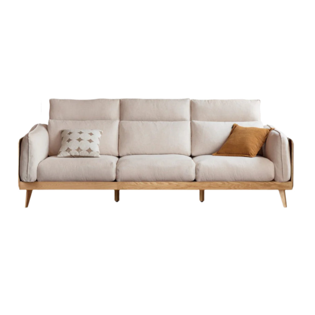 90.9x42.5x33.4 inch / 231x108x85 cm / Natural wood color / small three-seater imitation cotton and linen pear white