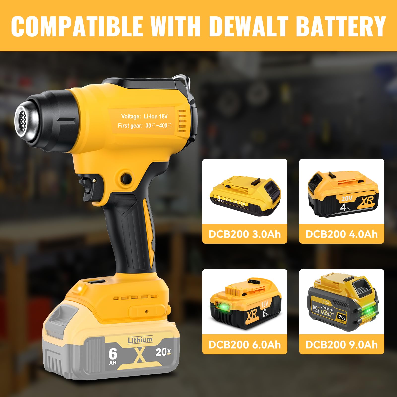 DeWalt 20V Cordless Heat Gun - 350W Fast Heating Soldering Tool with LED Light, 122°F-1022°F Adjustable Temperature & 4 Nozzles - Perfect for Crafts, Shrink Wrapping, DIY Projects (Battery Not Included)