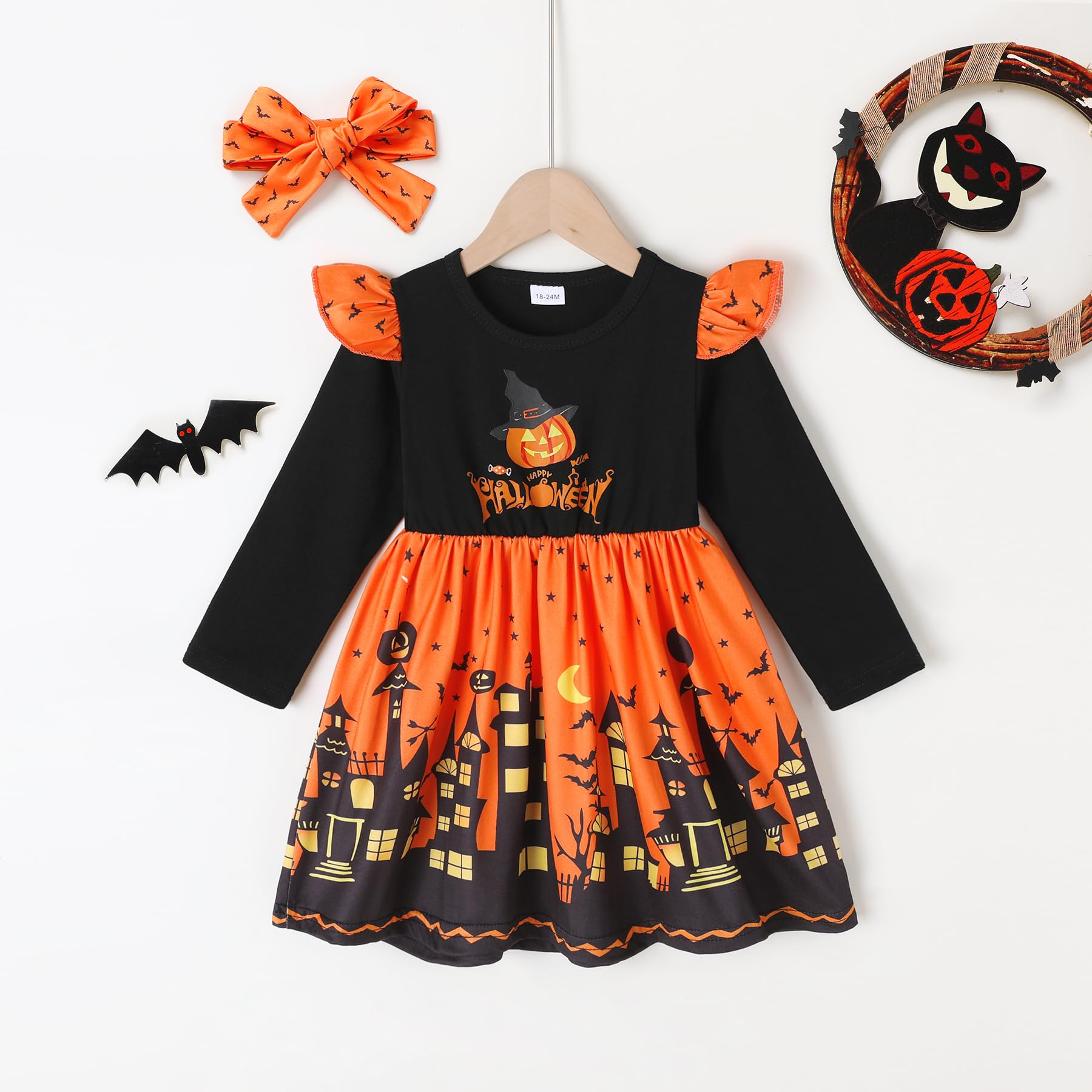 YOUNGER TREE Toddler Halloween Costume - Pumpkin Ghost Print Dress with Headband for Baby Girls | Long Sleeve Party Outfit for Trick or Treat & Photo Shoots