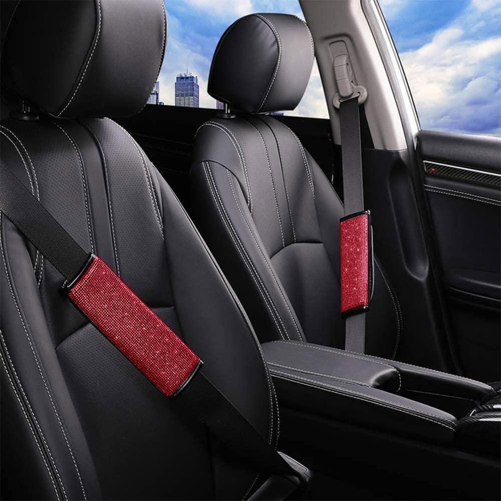 2PCS Crystal Diamond Car Seat Belt Covers - Bling Bling Shoulder Pads for Women & Girls (Red) | Comfort & Style for Commuting, Road Trips & Daily Driving