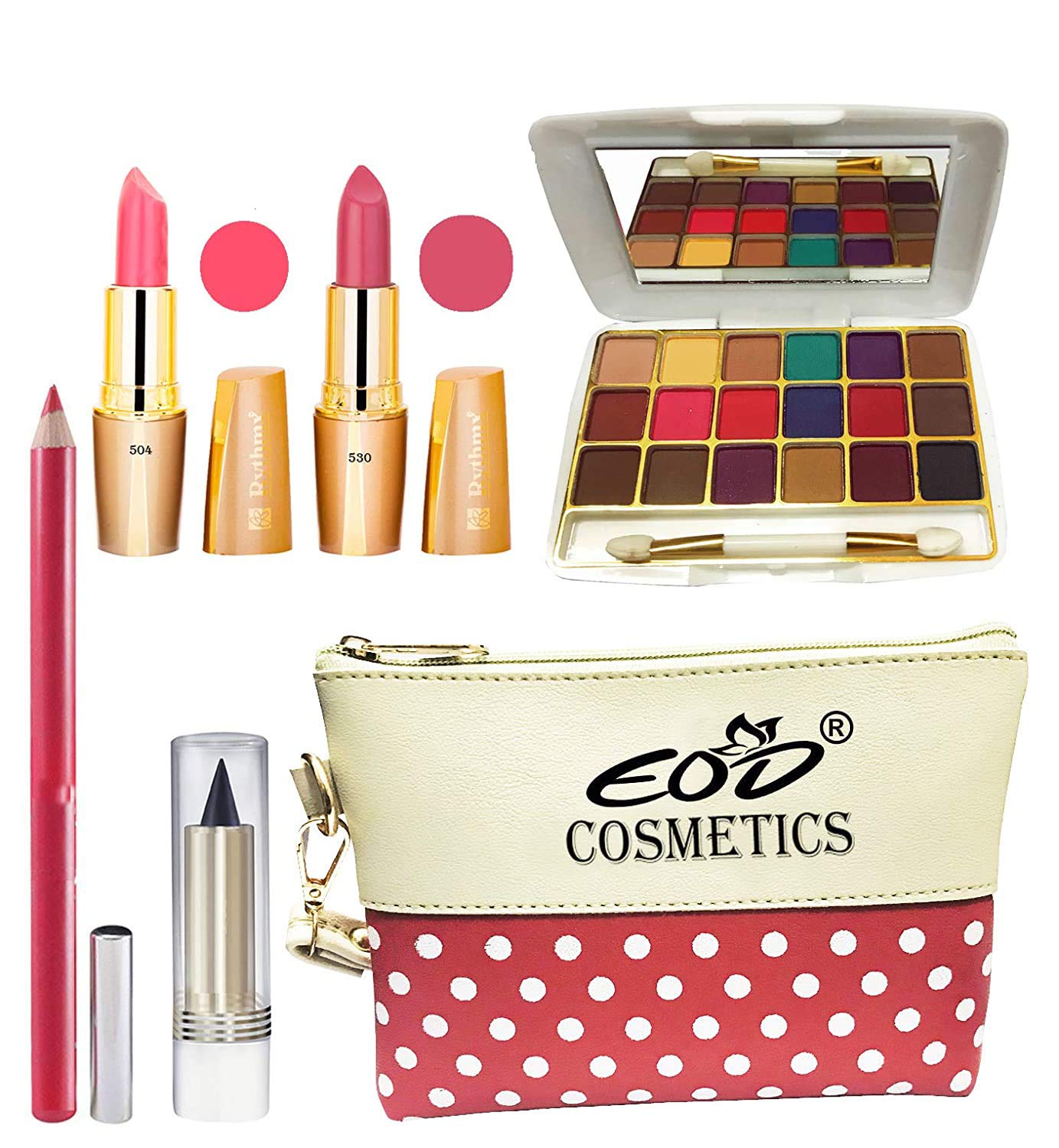 EOD True Color Beauty Combo Set - 2 Creamy Matte Lipsticks, 18-Color Eyeshadow Palette, Lip Pencil & Kajal with Multi-Purpose Makeup Pouch (A61, 6-Piece Set) - Perfect for Everyday Makeup, Party Looks & Travel Essentials